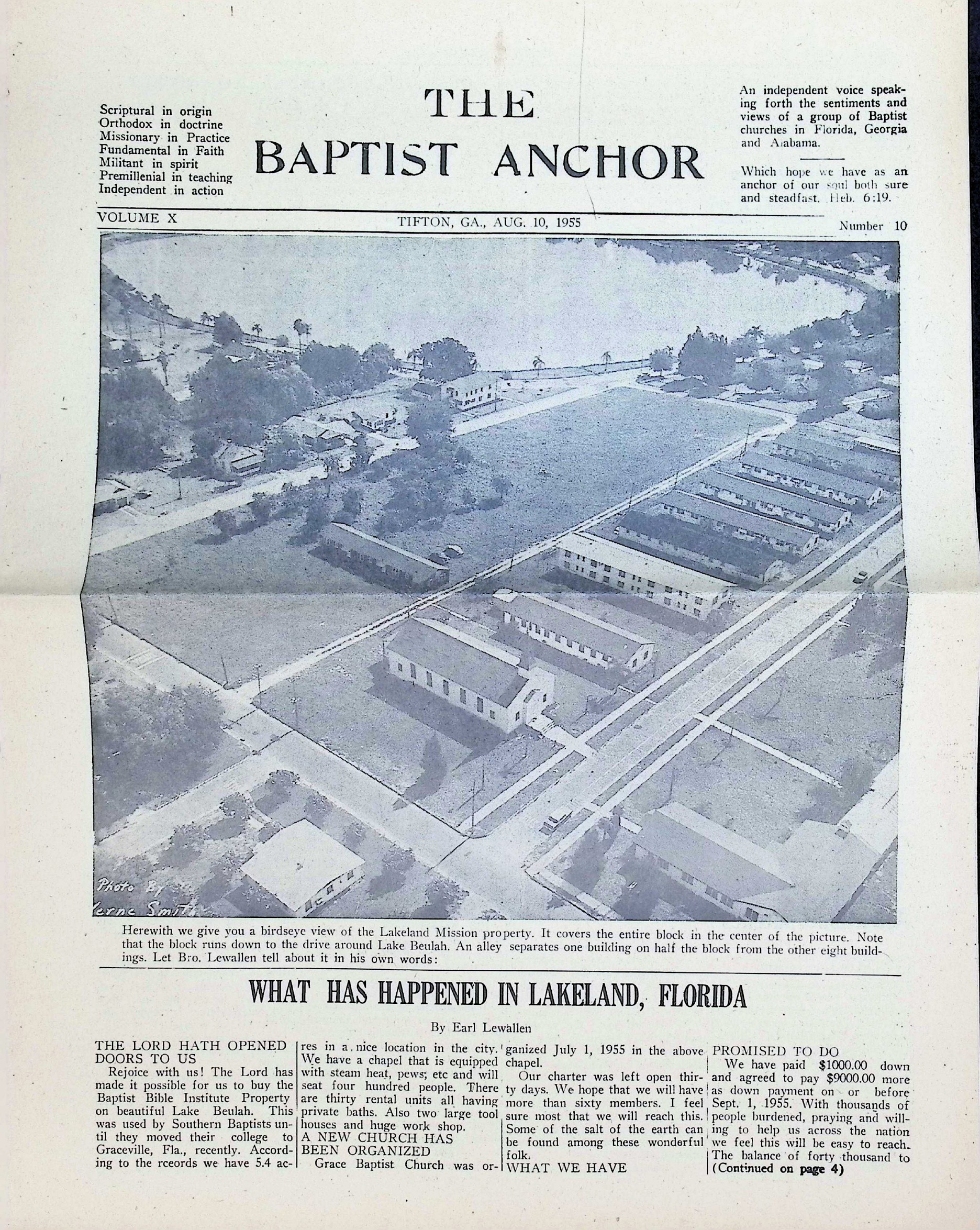 Front page of The Baptist Anchor dated August 10, 1955, showing the Lakeland property