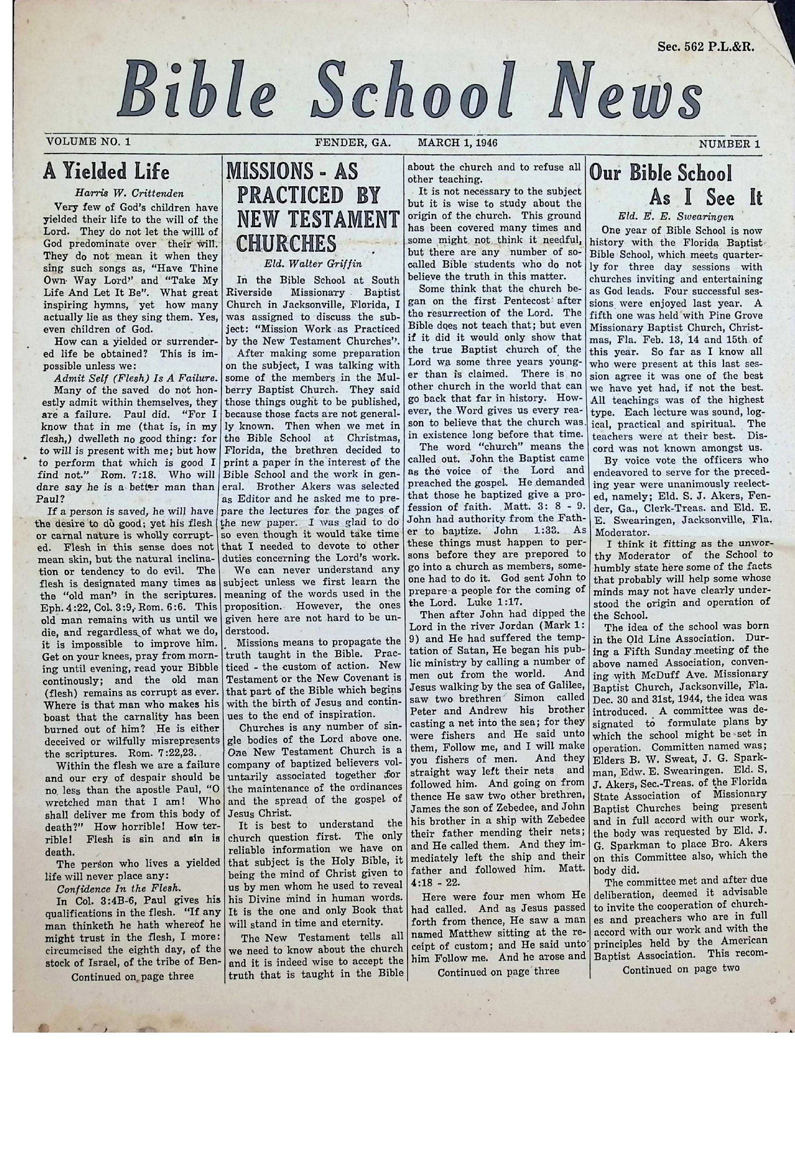 First issue of Bible School News, dated March 1, 1946
