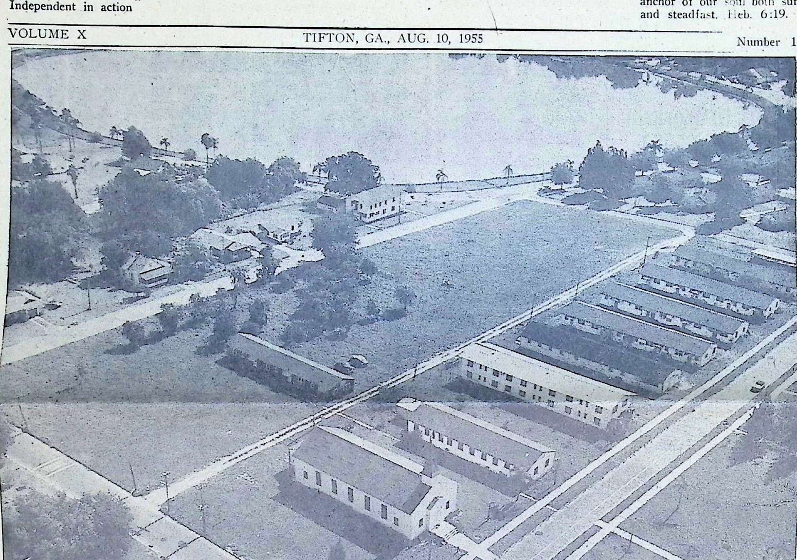 Aerial photograph of the Lake Beulah property purchased for the permanent school in Lakeland, Florida, published in 1955